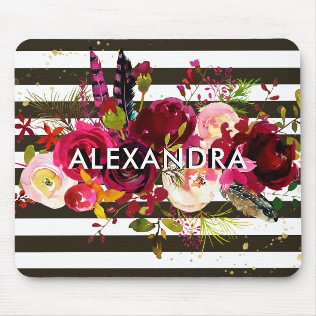 Svartvita randar för Boho Burgundy blommigt | Musmatta (Framsidan)