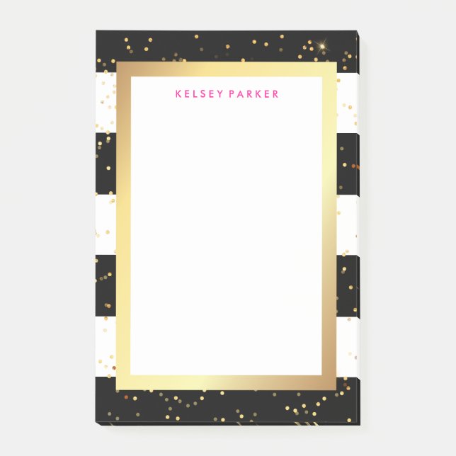 Svartvita randar med Fauxguld och rosor Post-it Block (Framsida)