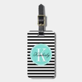 Svartvita randar med turkosmonogramen bagagebricka