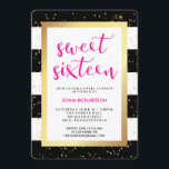 Svartvita randar och guld- sweet sixteen inbjudningar<br><div class="desc">Dessa snyggt,  eleganta för partyinbjudan för sötsak 16 något att säga "sweet sixteen" i modern ljus rosa typografi och svartvita randar för särdrag med en guld- ram och konfetti för faux. Personifiera lätt med alla av födelsedagflicka information.</div>