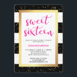 Svartvita randar och guld- sweet sixteen inbjudningar<br><div class="desc">Dessa snyggt,  eleganta för partyinbjudan för sötsak 16 något att säga "sweet sixteen" i modern ljus rosa typografi och svartvita randar för särdrag med en guld- ram och konfetti för faux. Personifiera lätt med alla av födelsedagflicka information.</div>