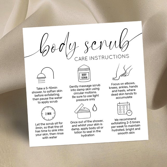 Svartvita sjukhuskort med minimal Elegant Fyrkantigt Visitkort (Modern body scrub instructions cards with care icons, space for your logo and elegant calligraphy)