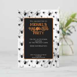 Svartvita spindlar spindelnät Halloween fest Inbjudningar