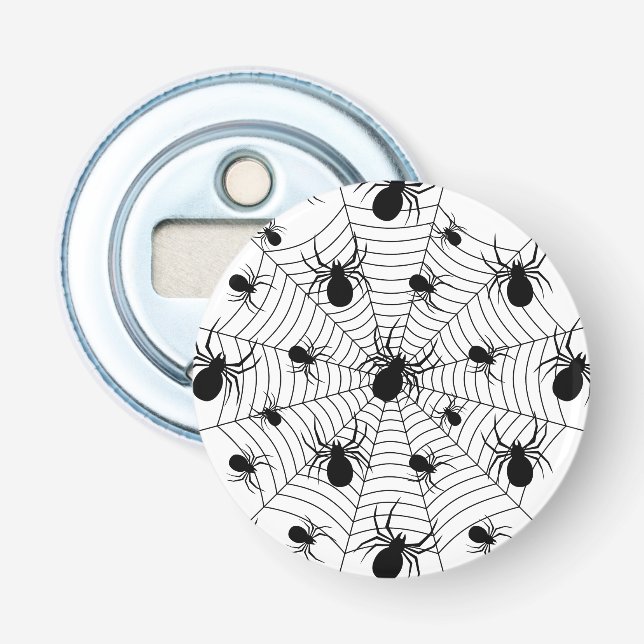 Svartvita spindlar spindelnät Halloween mönster Flasköppnare (Framsidan)