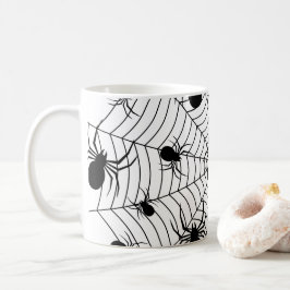 Svartvita spindlar spindelnät Halloween mönster Kaffemugg