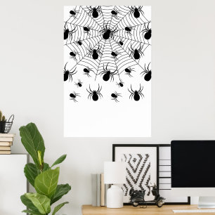 Svartvita spindlar spindelnät Halloween-mönster Poster