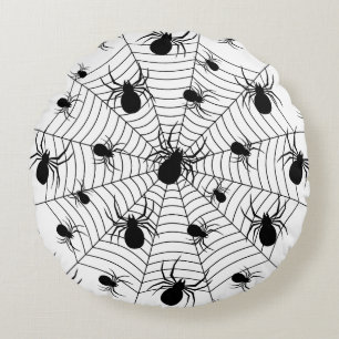 Svartvita spindlar spindelnät Halloween mönster Rund Kudde