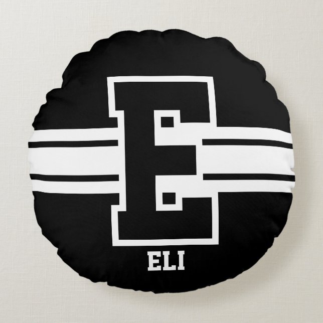 Svartvitt - alla sportbrev rund kudde (Framsidan)