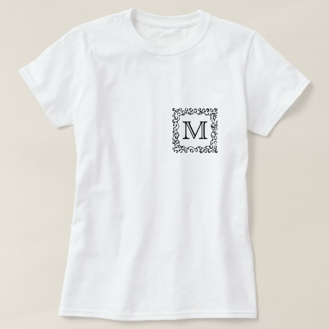 Svartvitt beställnings- MonogramLeopardtryck T-shirt (Design framsida)