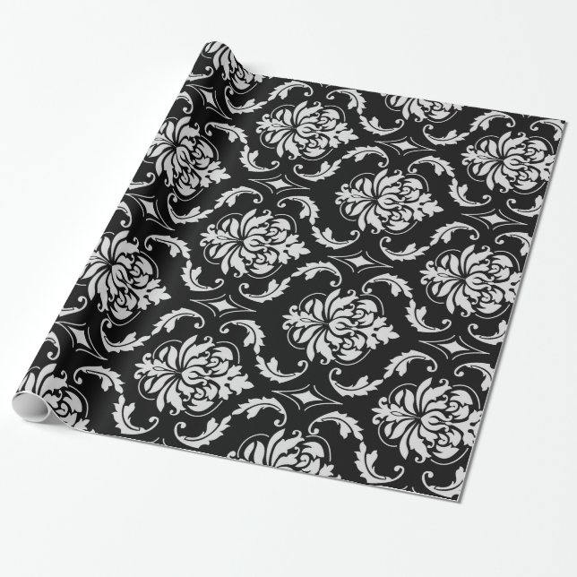 Svartvitt blom- damastast mönster för klassiker presentpapper (Utrullad)