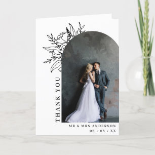 Svartvitt Blommigt Arch-foto med Bröllop-vikt Tack Kort