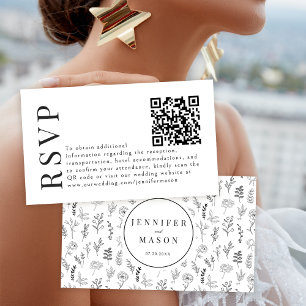 Svartvitt blommigt boho bröllop OSA QR-kodkort Tilläggskort