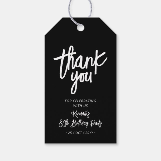 Svartvitt | Chic 80:e Födelsedagsfesten Tack Presentetikett (Framsidan)