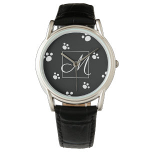 Svartvitt Cute Hund Paw Skriv ut Mönster Monogram Armbandsur