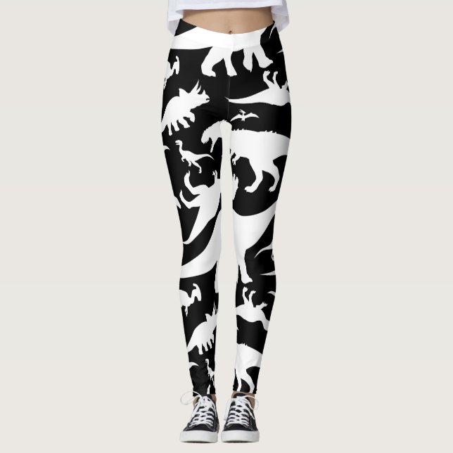 Svartvitt Dinosaurmönster Leggings (Framsida)
