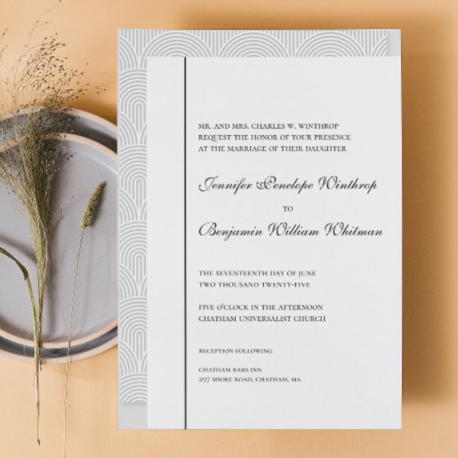 Svartvitt Elegant bröllop-inbjudan Inbjudningar (Black white simple grey geometric pattern wedding invitation)