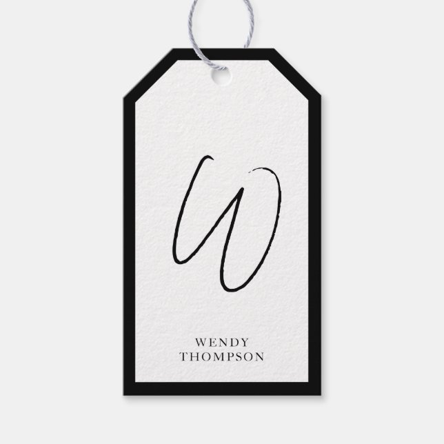 Svartvitt enkelt, minimalistiskt, modernt monogram presentetikett (Framsidan)