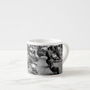 Svartvitt fotografi av många duvor espressomugg