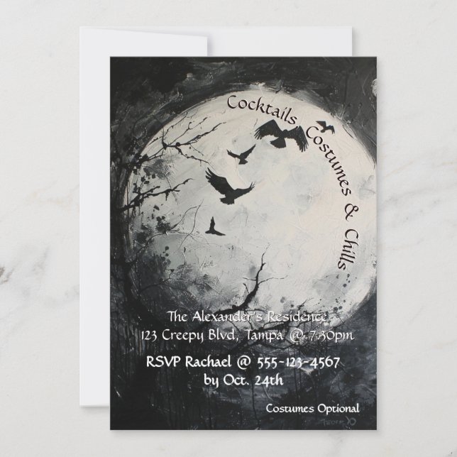 Svartvitt, fullkomligt måne Halloween Inbjudningar (Framsida)