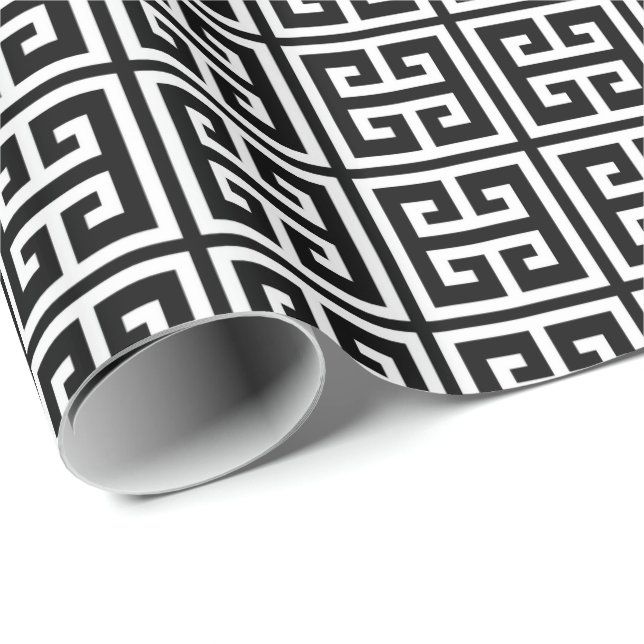 Svartvitt greknyckelmönster presentpapper (Rullad Hörn)