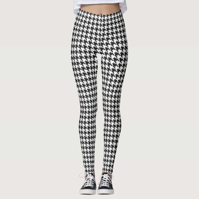 Svartvitt Houndstooth mönster Leggings (Framsida)