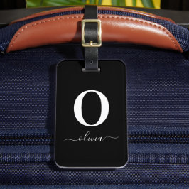 Svartvitt i Monogram Script Namn Personlig Bagagebricka