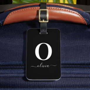Svartvitt i Monogram Script Namn Personlig Bagagebricka