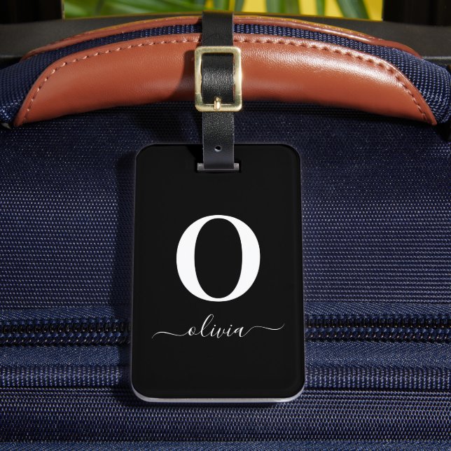 Svartvitt i Monogram Script Namn Personlig Bagagebricka (Framsida Insitu 2)