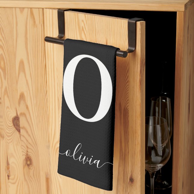 Svartvitt i Monogram Script Namn Personlig Kökshandduk (Thirds Fold)