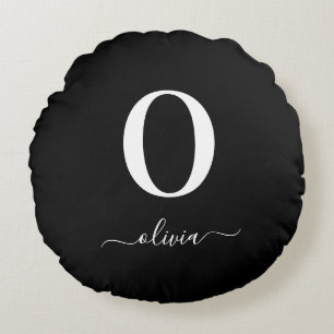 Svartvitt i Monogram Script Namn Personlig Rund Kudde