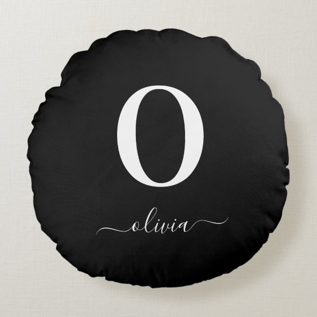 Svartvitt i Monogram Script Namn Personlig Rund Kudde (Framsidan)