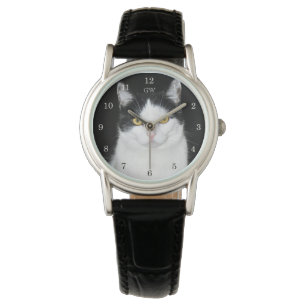 Svartvitt kattporträtt armbandsur