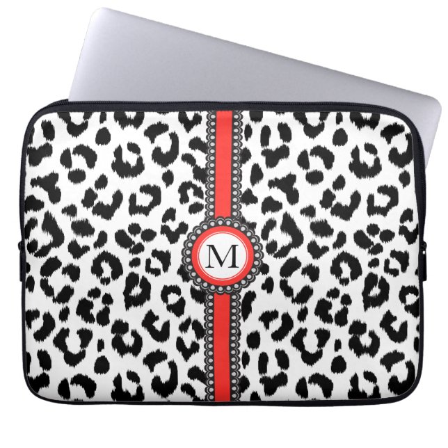 svartvitt leopardtryck med monogramen laptop fodral (Framsidan)