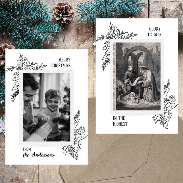 Svartvitt minimalistiskt kristet julfoto julkort (Black and White Minimalistic Simple Religious Christian Catholic Christmas Photo Holiday Card)