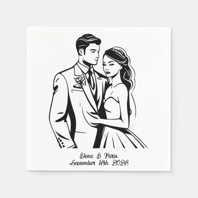 Svartvitt minimalistiskt par Bröllop Pappersservett (Framsidan)
