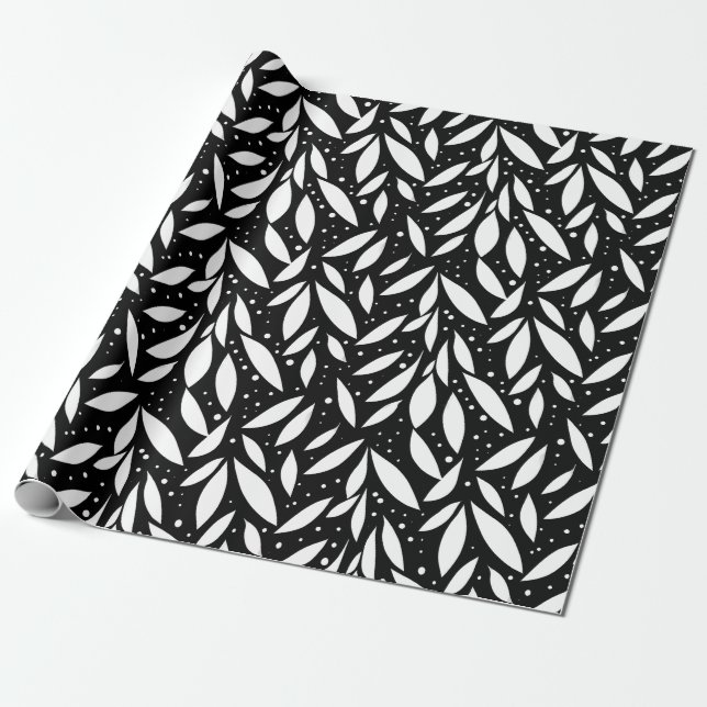Svartvitt Modern Foliage Presentpapper (Utrullad)