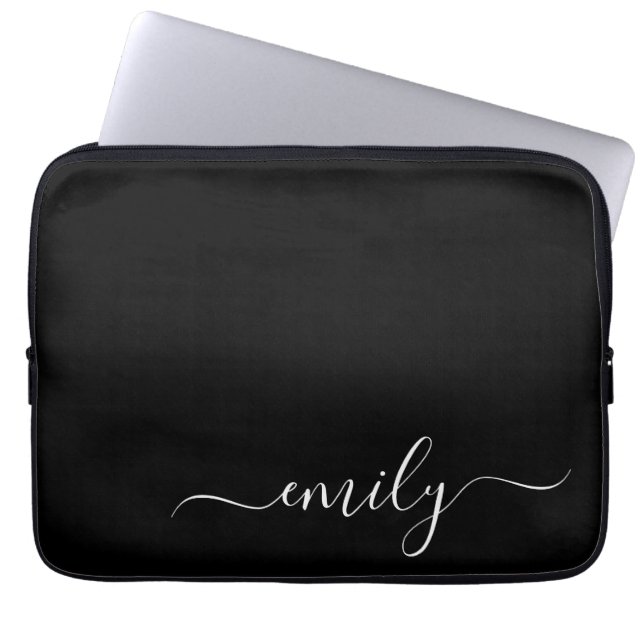 Svartvitt Modern Script Monogram Namn Laptop Fodral (Framsidan)