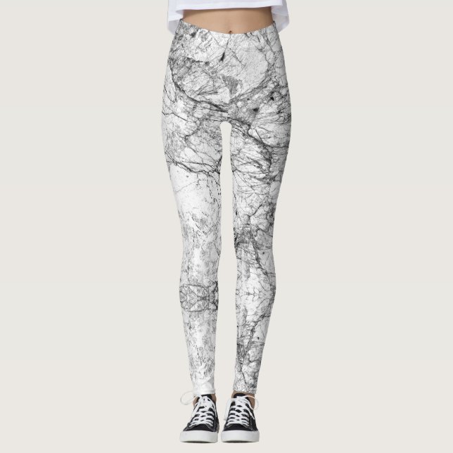Svartvitt modernt Fauxmarmormönster Leggings (Framsida)
