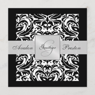 Svartvitt Monogram Damask Gräns-inbjudan Inbjudningar