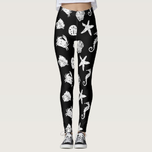 Svartvitt nautiskt tema för havsvarelsestrand leggings