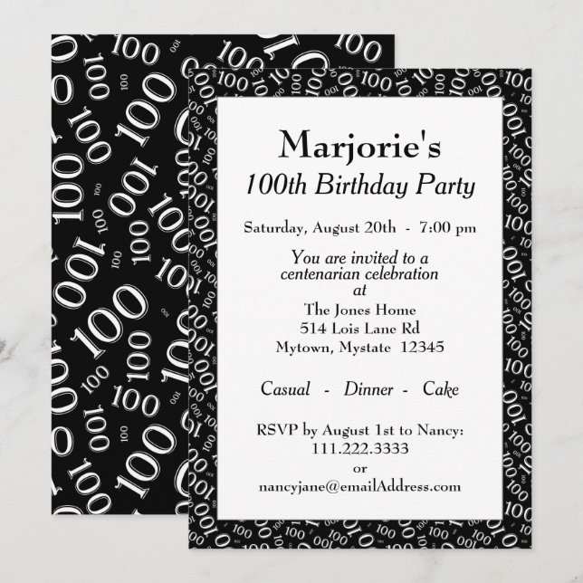 Svartvitt nummer 100 Födelsedagsfest Mönster Inbjudningar (Fram/baksida)