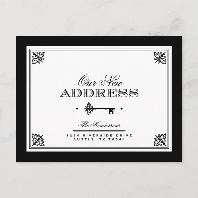 Svartvitt nytt adress för skelettnyckel | meddelande vykort (Front)
