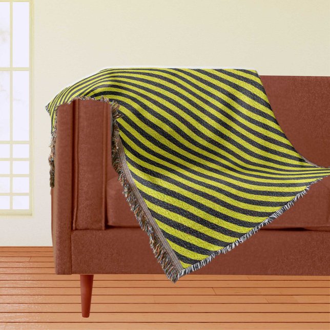 Svartvitt och Gult diagonalt Rand-vrister Mysfilt (Black and Yellow Diagonal Stripes Throw Blanket)