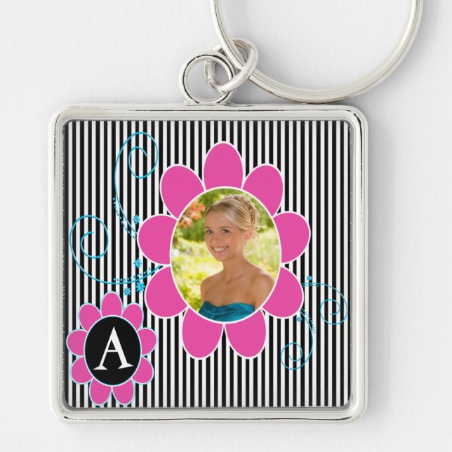 Svartvitt och Rosa - foto-, monogram-nyckelkedja Fyrkantig Silverfärgad Nyckelring (Framsidan)
