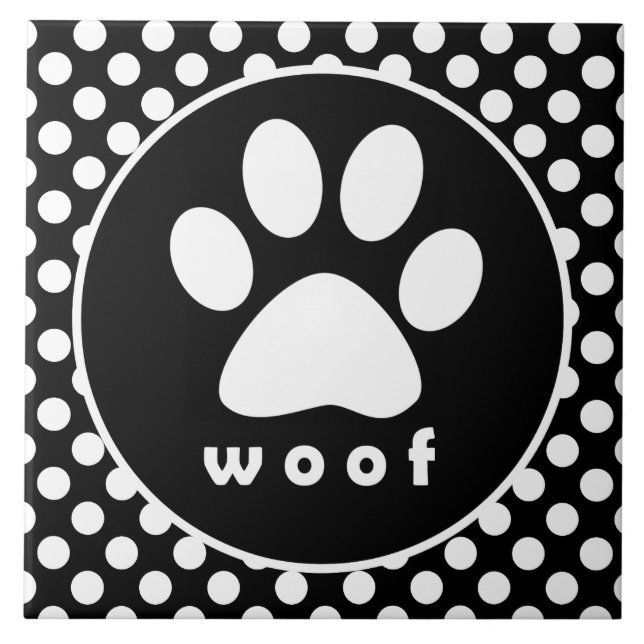 Svartvitt Polka dots; Paw-utskrift Kakelplatta (Framsidan)