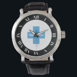 Svartvitt romerska romerska siffror din Logotyp Armbandsur<br><div class="desc">Personligens handklocka med feta vita romantal mot ett svart gräns som omger logotypen.</div>