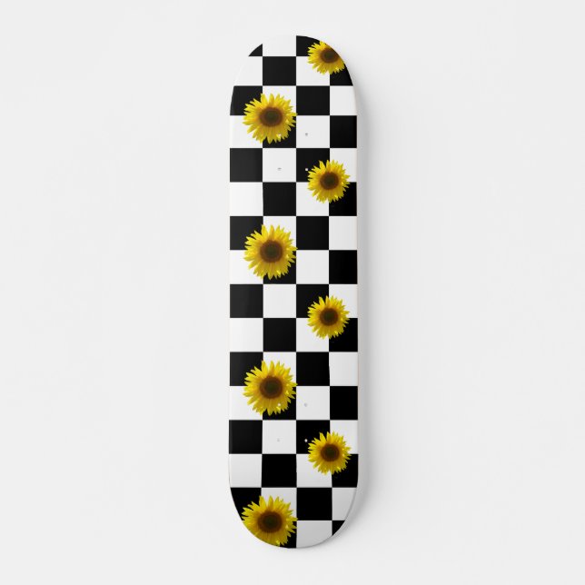 Svartvitt rutig & solrostryck mini skateboard bräda 18,5 cm (Framsida)