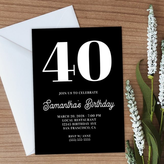 Svartvitt stort nummer 40:e födelsedagen inbjudningar (Create your own bold number birthday invitation.)