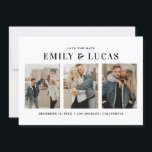 Svartvitt typografi tre fotokollage spara datumet<br><div class="desc">Svartvitt typografi tre fotokollage sparar datumkortet. Meddela ditt bröllop-datum med det här moderna Spara datumkortet. Den har enkel typografi med svart och vitt rand mönster. Det här fotot sparar datumet är ett perfekt för att visa dina favoritfoton på förlovningen många. Perfekt för alla bröllop-teman.</div>