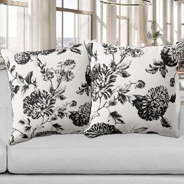 Svartvitt Vintage Botaniskt Blommigt Toile Kudde